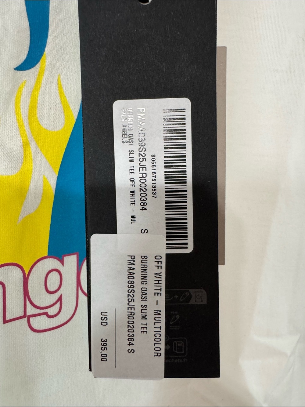 Off-White White Tee with Yellow, Blue & Pink Flame Graphic